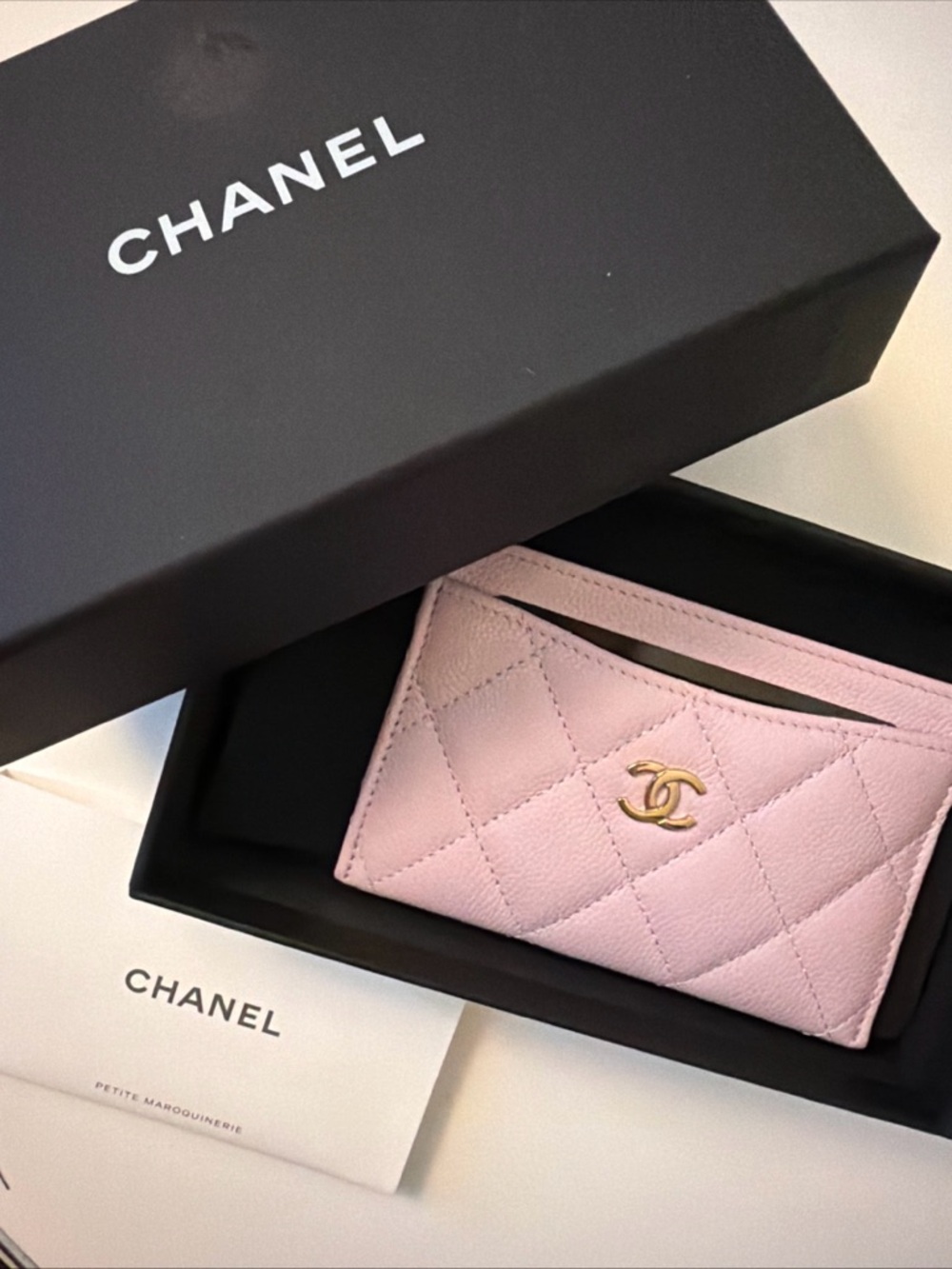 CHANEL Light Pink Quilted Card Case with Gold CC Emblem